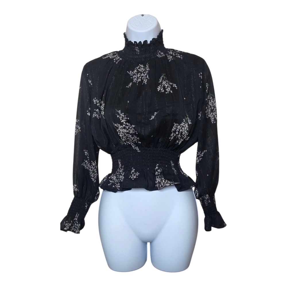 Shinestar Black Floral Mock Neck Shirred Waist Peplum Blouse